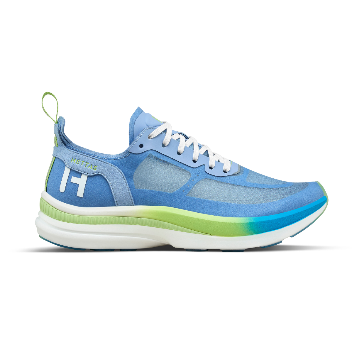 Hettas Alma Speed women's race shoe lateral view Chambray Blue Green Glow